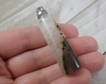Green Moss Agate Crystal Bottle Pendant - White Green Silver Cylinder Tube - 2 Inch Smooth Crystal - Moss Agate Oil Bottle #PNDNT#1056