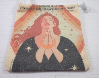 1 Piece Spiritual Praying Woman Fabric Crystal Pouch - Orange Black White Linen Fabric - Natural Earthy Woman Tarot Card Bag #POUCH#1028