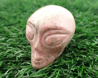Pink Rhodonite Crystal Alien Skull Carving - Pink Gray Smooth Alien Head - Standing Crystal Alien Skull - Natural Rhodonite Alien SKULL#1026