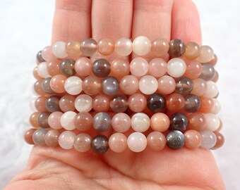 One Mixed Moonstone Crystal Bracelet - 6mm Smooth Round Natural Crystal Beads - White Gray Peach Flashy Moonstone Bracelet - #BRCLT#1176