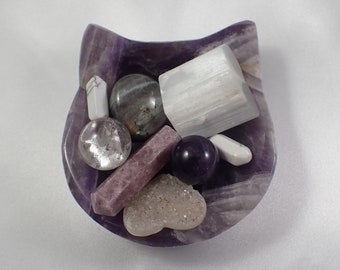 Crown Chakra Crystal Bowl - All Crystals Included - Dream Amethyst Cat Bowl - Selenite Labradorite Druzy Agate - Howlite Lepidolite #CROWN-1