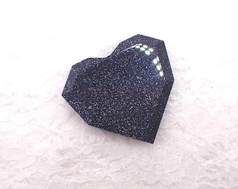 Sparkly Blue Sandstone Crystal Heart - Smooth Sharp Faceted Beveled Edge Heart - 1.75 Inch Heart Blue Goldstone Crystal #HEART#1117