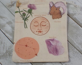 1 Piece Aries Moon Linen Fabric Crystal Pouch - White Orange Purple - Aries Zodiac Tarot Card Bag - 6.5x5.25 Inches Aries Mars #POUCH#1037