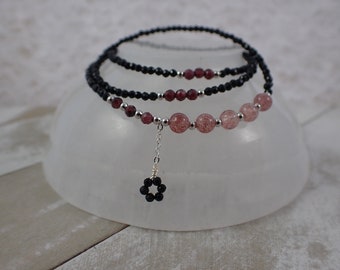 Beautiful Dainty Triple Wrap Crystal Beaded Bracelet - Pink Black Tourmaline Flower Beads - Strawberry Quartz Adjustable Bracelet JEWEL#1138