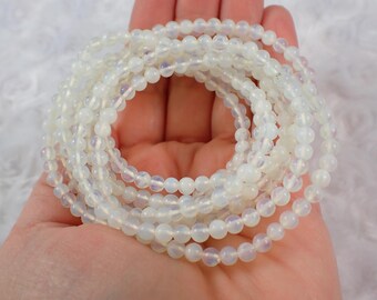 Pretty White Opalite Crystal Bracelet - 4mm Tiny Round Beads Partially Translucent - Shiny White Opalite Crystal Beaded Bracelet #BRCLT#1165