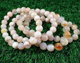 One Natural Pink Flower Agate Crystal Bead Bracelet - 8-9mm Smooth Round Beads - Shiny Pink White - Natural Crystal Bracelet - #BRCLT#1117