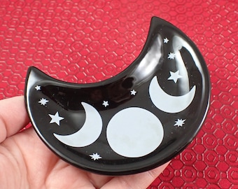 Small Moon Shaped Glass Tray for Crystals - Black White Moon Stars Design - 4 Inch Glass Moon Phases Bowl - Black White Ring Tray BOWLS#1108