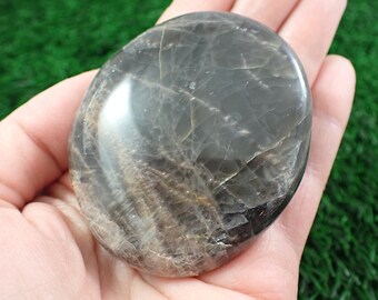 1 Piece Natural Black Moonstone Crystal Palm Stone - Rainbow Flash Black Tan Gallet - Flat Smooth Polished Moonstone Crystal #PALMS#1170