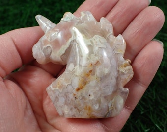 Small Natural Cherry Agate Crystal Unicorn Carving - Pink Yellow Brown White - 2.5 Inch Small Standing Unicorn Head Carving #ANMLS#1082