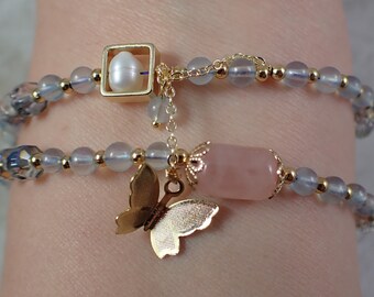 One Aquamarine Rose Quartz Crystal Bead Bracelet - Gold Metal Butterfly Charm - Natural Pink Blue Gold Crystal Bead Bracelet #JEWEL#1022