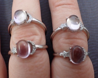 1 Piece Adjustable Clear Quartz Crystal Ring - Silver Stainless Steel Band - Moon Stars Clear Quartz Crystal - Adjustable Ring #RINGS#1017