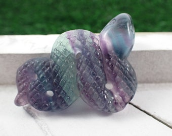 Pretty Natural Rainbow Fluorite Crystal Snake Carving - Green Purple Textured Snake - 2 Inch Fluorite Curled Snake Animal Carving ANMLS#1068