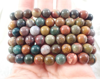 Pretty Ocean Jasper Crystal Beaded Bracelet - 8mm Smooth Round Beads - Mustard Maroon Green - Natural Ocean Jasper Crystal Beads #BRCLT#1147