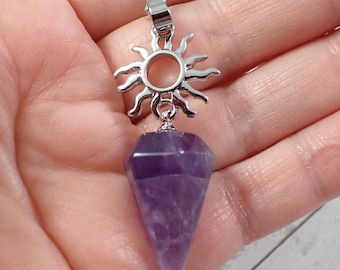 1 Piece Amethyst Crystal Sun Pendulum - Faceted Pointy Amethyst Crystal - Silver Metal Sun - 9.5 Inches Silver Chain Pendulum #PNDLM#1004