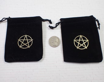 1 Piece Black Fabric Gold Pentagram Crystal Pouch - Small Velvety Drawstring Pouch - Witchy Black Gold Pentagram Tarot Card Bag #POUCH#1020