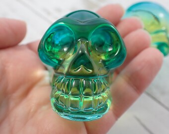 1 Piece Green Glass Skull Figurine - Translucent Green Blue Yellow - Clear Human Skull Replica - Smooth Finish Glass - 57x44x36mm GLASS#1007