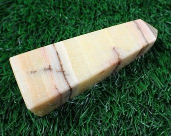 1 Piece Natural Peach Calcite Square Crystal Tower - Smooth Polished Nice Shape - 4.5 Inch Yellow Pink Brown Tower Peach Calcite #TOWER#1042