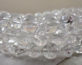 One Crystal Clear Quartz Beaded Bracelet - 10mm Smooth Round Beads - Clear Crystal Quartz - Natural Quartz Crystal Beads - #BRCLT#1037