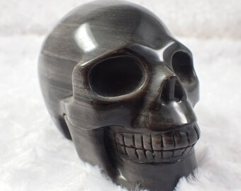 Beautiful Flashy Silver Obsidian Crystal Skull Carving - Black Silver Large Human Skull - 4 Inch Crystal Carving Human Skull #SKULL#1012