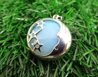 1 Piece Opalite Moon Stars Crystal Pendant - Silver Wrapped Moon Stars - Round Crystal Cab Pendant - 23mm White Opalite Stars #PNDNT#1032