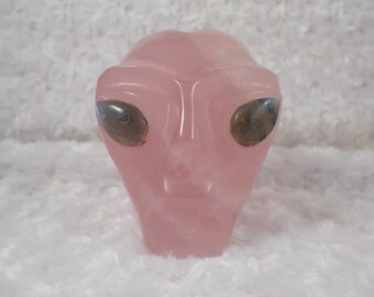Deep Pink Rose Quartz Crystal Alien Skull - Blue Flash Lab Eyes - Heavy High Quality 4 Inch Alien Skull - Natural No Chips #SKULL#1009