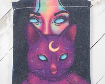 Mysterious Cat Woman Colorful Fabric Crystal Pouch - Black Tarot Card Bag - 6.25x5.25 Inches - Black Purple Cat Woman Moon Pouch #POUCH#1054