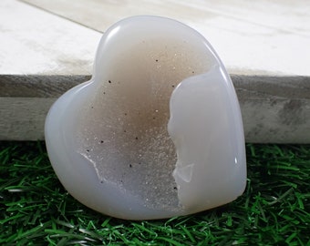 Sugar Texture Druzy Agate Crystal Heart Carving - Smooth Heart Crystal - Gray Druzy Agate - 2 Inch Heart Gray Sparkle Druzy Agate HEART#1059