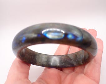 60.3mm Natural Labradorite Crystal Bangle Cuff Bracelet - Green Gray Black Dark Blue Flash - labradorite Thick Crystal Bracelet #JEWEL#1587