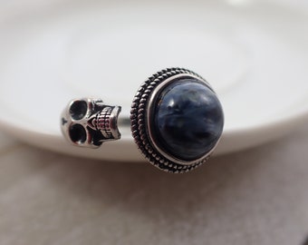 1 Piece Adjustable Kyanite Crystal Skull Ring - Silver Metal Round Kyanite Cabochon Ring - Adjustable Skull Ring Natural Kyanite #RINGS#1029