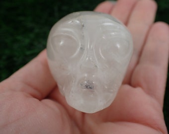 Bright White Clear Quartz Crystal Alien Skull - Smooth Polished Carving - White Gray Clear Crystal - 2 Inch Alien Skull Carving #SKULL#1037