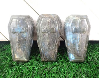 Labradorite Coffin with Large Cross - Blue Gray Flashy Labradorite - Crystal Coffin Carving - 2 Inch Small Textured Coffin Decor #CRVNG#2116