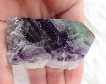 Glossy Natural Rough Fluorite Crystal Tower - Purple Green Rainbow Flash Crystal - Rough Edge Fluorite Crystal Tower - 2.25 Inch #TOWER#1285