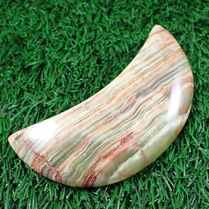 1 Piece Natural Green Onyx Crystal Moon Carving - Big Heavy Smooth Polished - 103x52x9mm Green Orange Brown - Stripe Moon Carving MOONS#1013