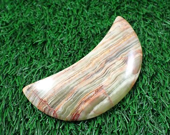 1 Piece Natural Green Onyx Crystal Moon Carving - Big Heavy Smooth Polished - 103x52x9mm Green Orange Brown - Stripe Moon Carving MOONS#1013
