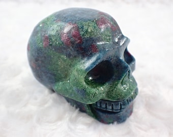 Amazing Ruby in Fuchsite Crystal Skull Carving - Blue Purple Green Human Skull Crystal - 3.25 Inch Heavy Natural Crystal Skull #SKULL#1033