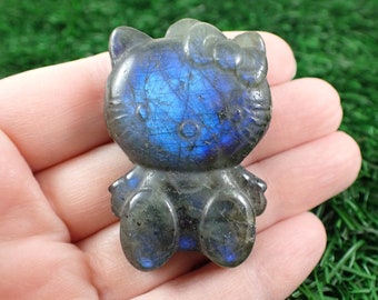 Super Flashy Blue Labradorite Cat - Cat Crystal Carving - Gray Blue Cat Flat Back - 2 Inches Labradorite Crystal Cat Carving #ANMLS#1100