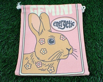 1 Piece Gemini Bunny Linen Fabric Crystal Pouch - Brown Pink White - Gemini Zodiac Tarot Card Bag - 6.5x5.75 Inches Rabbit Bag #POUCH#1035