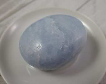 1 Piece Natural Blue Calcite Crystal Palm Stone - Light Blue White Gallet - Small Smooth Crystal Palm - Blue Calcite Oval Stone #PALMS#1109