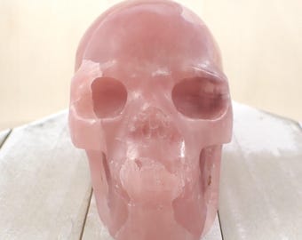 Awesome Large Rose Calcite Crystal Skull Carving - Dark Pink Large Human Skull - 4.25 Inch Pink Rose Calcite - Crystal Carving #SKULL#1042