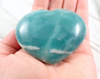 Adorable Natural Amazonite Crystal Heart - Aqua Teal Blue Smooth Heart - Silver Flash Amazonite 2.5 Inch - Aqua Amazonite Heart #HEART#1060