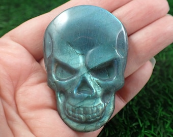 Scary Face Flashy Blue Labradorite Skull - Crystal Carving Flat - Scary Skull Face Crystal - 2.25 Inch Labradorite Skull Carving #SKULL#1024