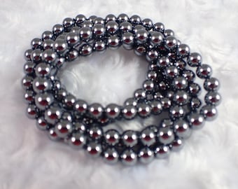 One Silver Terahertz Crystal Bead Bracelet - 6mm Smooth Round Beads - Shiny Terahertz Silver Beaded Crystal Bracelet #BRCLT#1223