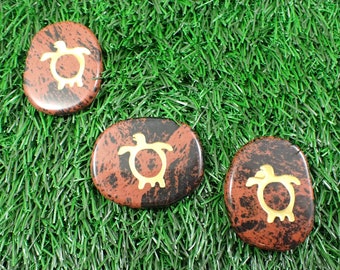 1 Piece Mahogany Obsidian Sea Turtle Crystal Stone - Red Black Oval Shaped - 45x35x7mm Smooth Flat Crystal - Gold Impression #SPCHR#1001