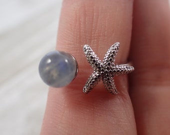 1 Piece Adjustable Labradorite Crystal Ring - Silver Starfish Flashy Mini Labradorite Sphere Ring - Silver Gray Blue Starfish #RINGS#1007