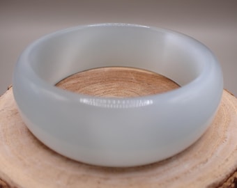 61.0mm Shiny White-Gray Cats Eye Crystal Bangle Bracelet - Smooth Polish Finish Flat Inside - Thick Cuff Bangle Bracelet Cat Eye #JEWEL#1686