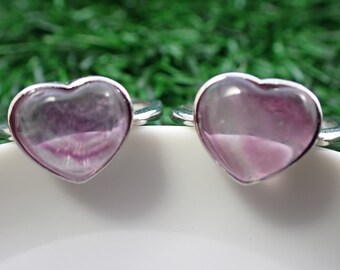 1 Piece Adjustable Natural Fluorite Crystal Heart Ring - Purple Clear Fluorite Heart - Silver Plated Copper Adjustable 10mm #RINGS#1079