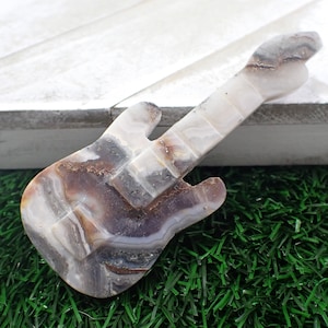 1 Piece Natural Purple Chalcedony Crystal Guitar - White Gray Purple Gold - Polished Guitar Carving - 3.75 Inch Large Guitar #CRVNG#1679