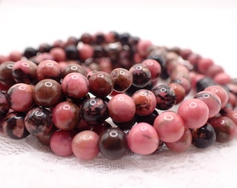 One Pink Rhodonite Crystal Bracelet - 6mm Smooth Round Beads - Pink Black - Natural Rhodonite Crystal Bead Bracelet - #BRCLT#1241