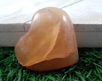 Flat Back Natural Honey Calcite Heart Carving - Large Honey Flat Heart - Smooth Polished Crystal - Honey Calcite Natural Heart #HEART#1082