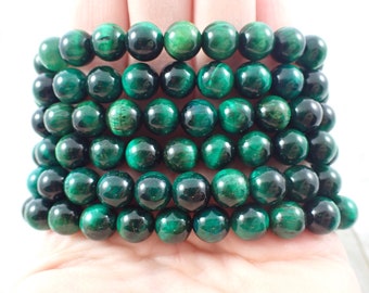 Dark Green Dyed Tiger Eye Jasper Crystal Bracelet - 8mm Smooth Round Beads - Shiny Green Dyed Tiger Eye Beads - Healing Crystals #BRCLT#1150